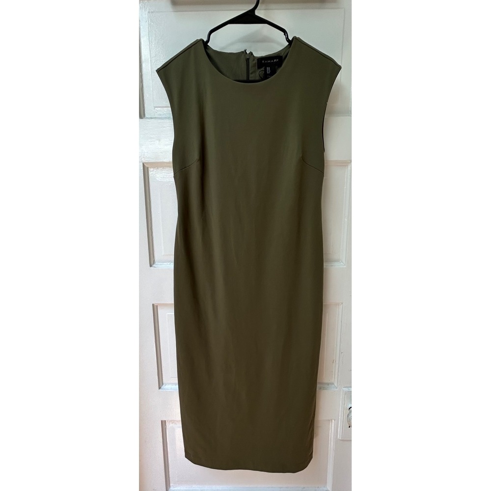 Tahari Olive Green Sleeveless Round Neck Sheath Dress Size 4 NEW!